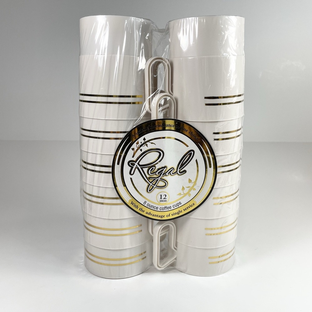 Regal Plastic Coffe Mug 8 oz Ivory Gold Trim Round Reusable Washable Pack of 12